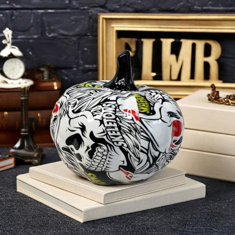 Hall Cabinet Skull Pumpkin Figure with Paint Pattern for Holiday Indoor Shelf Table Room for Mantels Entryway and Home