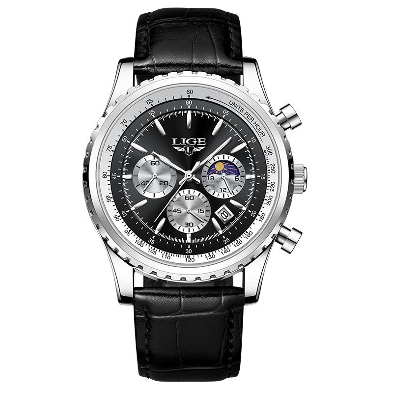 LIGE Business Men's Watch Chronograph Quartz Wristwatch Fashion Moon Phase Calendar Clock Waterproof Luminous Male Watch