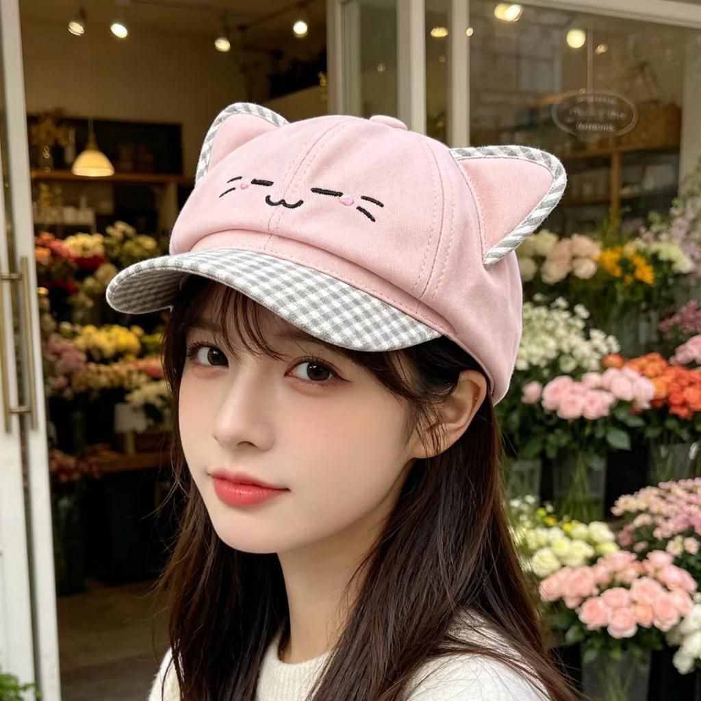 Cute Cat Ear Plaid Decorative Beret Sun Protection Retro Big Head Circumference Octagonal Hat Showing Face Small Painter Newsboy Hat
