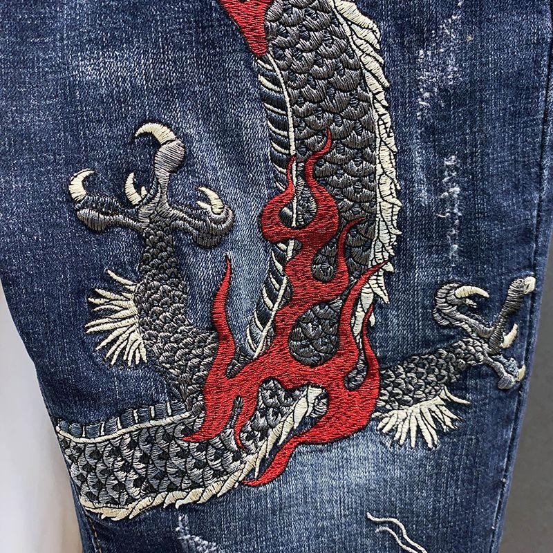 Blugi brodați cu dragon retro pentru bărbați Street Hip-hop Pantaloni scurți largi, drepti, casual Pantaloni scurți din denim casual