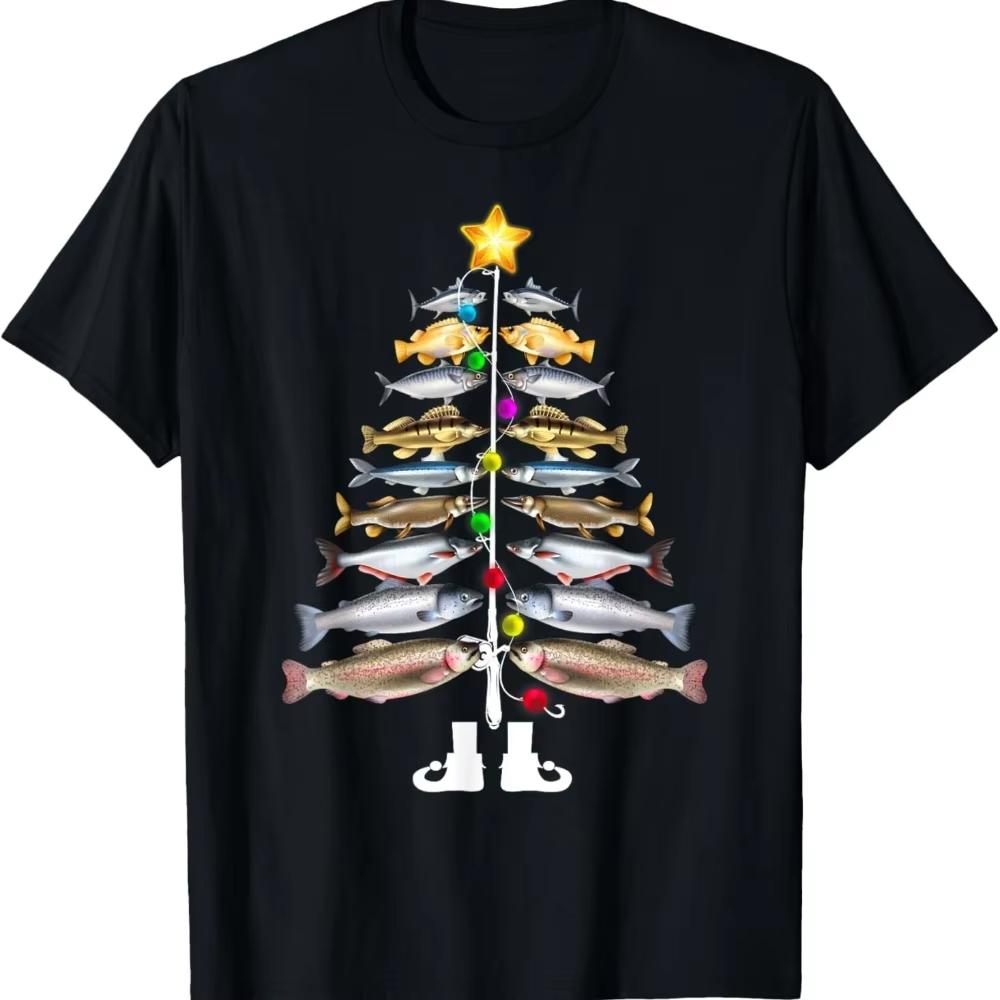 Fashion Merry Fishmas Christmas Tree Tshirt Funny A Christmas Tree Made of Fish Graphic Printed Unisex Fishing Enthusiast Gift Tops S