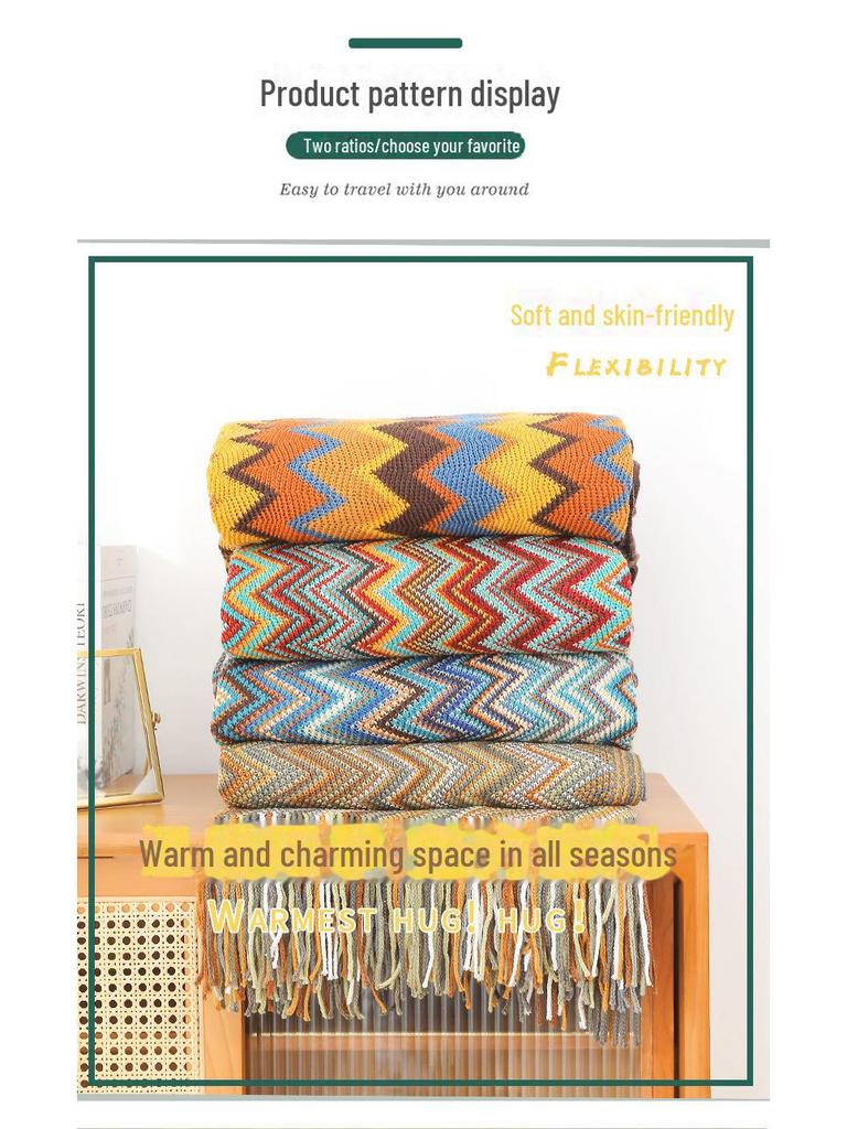 Bohemian Knitted Sofa Blanket: Cozy Autumn & Winter Shawl for Travel, Office, or Nap