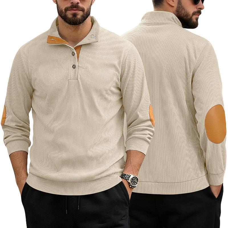 Spring and Autumn Solid Color Sports Long-sleeved Corduroy Tops for Men, Fashionable and Casual Stand-up Collar Outdoor Men's Pullover