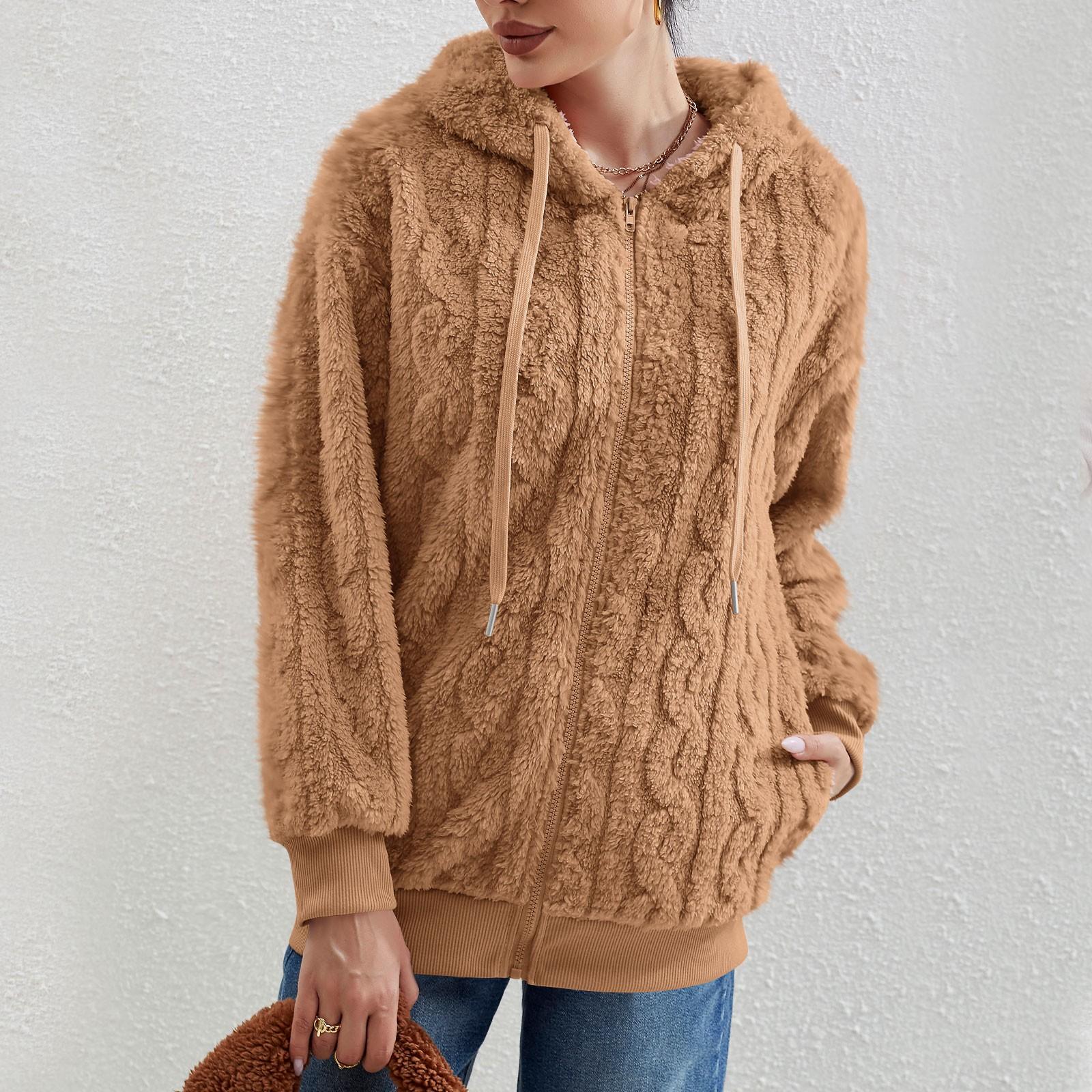 Женская мода с длинным рукавом сплошной цвет карман плюшевый кардиган с капюшоном — фото 6