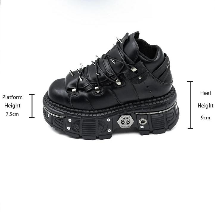 Nouvelles chaussures de style punk pour femmes, chaussures à lacets, hauteur de talon 6 cm, chaussures à plateforme, bottines gothiques rock, décoration en métal, baskets pour femmes