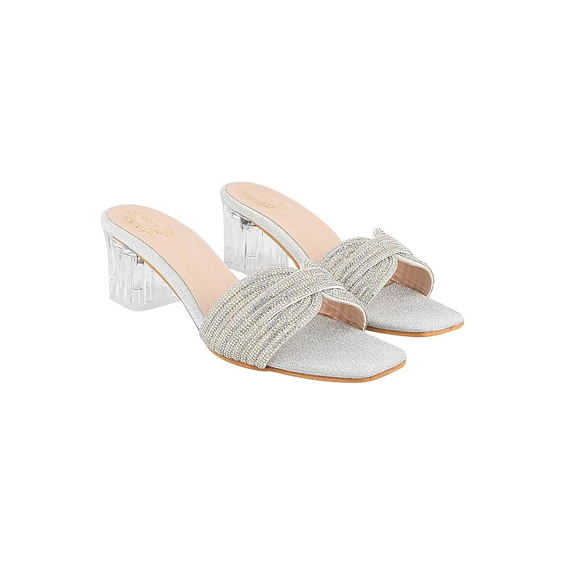 Shoetopia Embellished Rhinstone Silver Heels For Women & Girls /Eu36