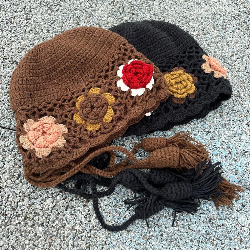 Handmade Crochet Lace Flower Beanie Hat Women Ethnic Style Retro Knit Cap