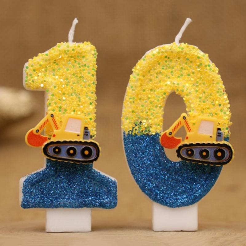 Construction Birthday Candles Blue Yellow Glitter 0-9 Number Candles Cake Topper Decorations for Boys Birthday Party Supplies