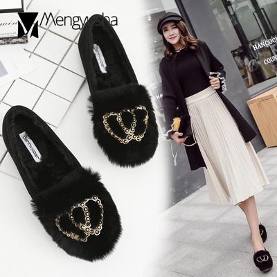 Mocassini piatti in pelliccia con doppio cuore di strass, mocassini scollati in camoscio, mocassini slip-on, colore unito, scarpe invernali basse da donna taglia grande 41