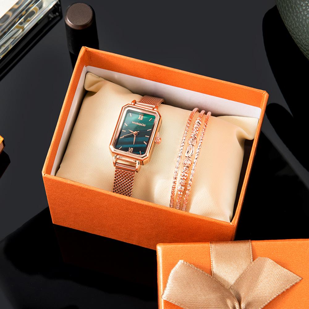 

Набор из 2 предметов в подарочной упаковке, маленькие квадратные часы павлиньего зеленого цвета, IPG с гальваническим сетчатым ремешком, женские кварцевые часы, браслет из сплава