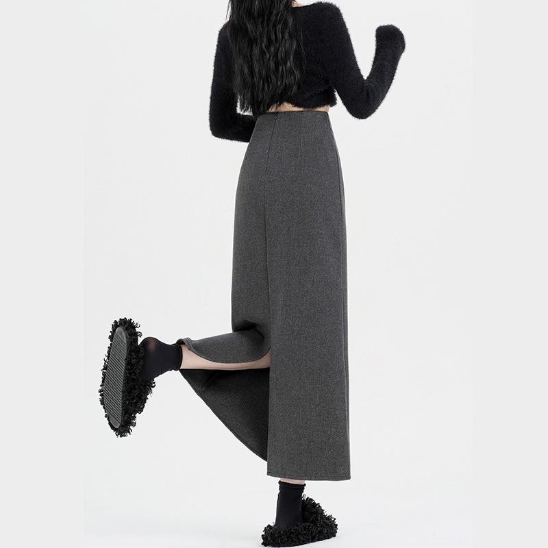 Women's Cashmere Wool Blend Midi Skirt - 2025 Autumn/Winter, Hip-Hugging A-Line with Back Vent