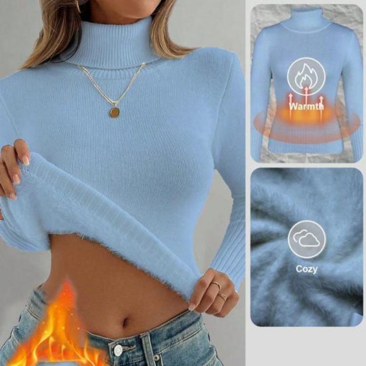 Warm Velvet Lined Womens Turtleneck Sweater Long Sleeve Knitwear Elastic Breathable Base Layer Top Solid Color