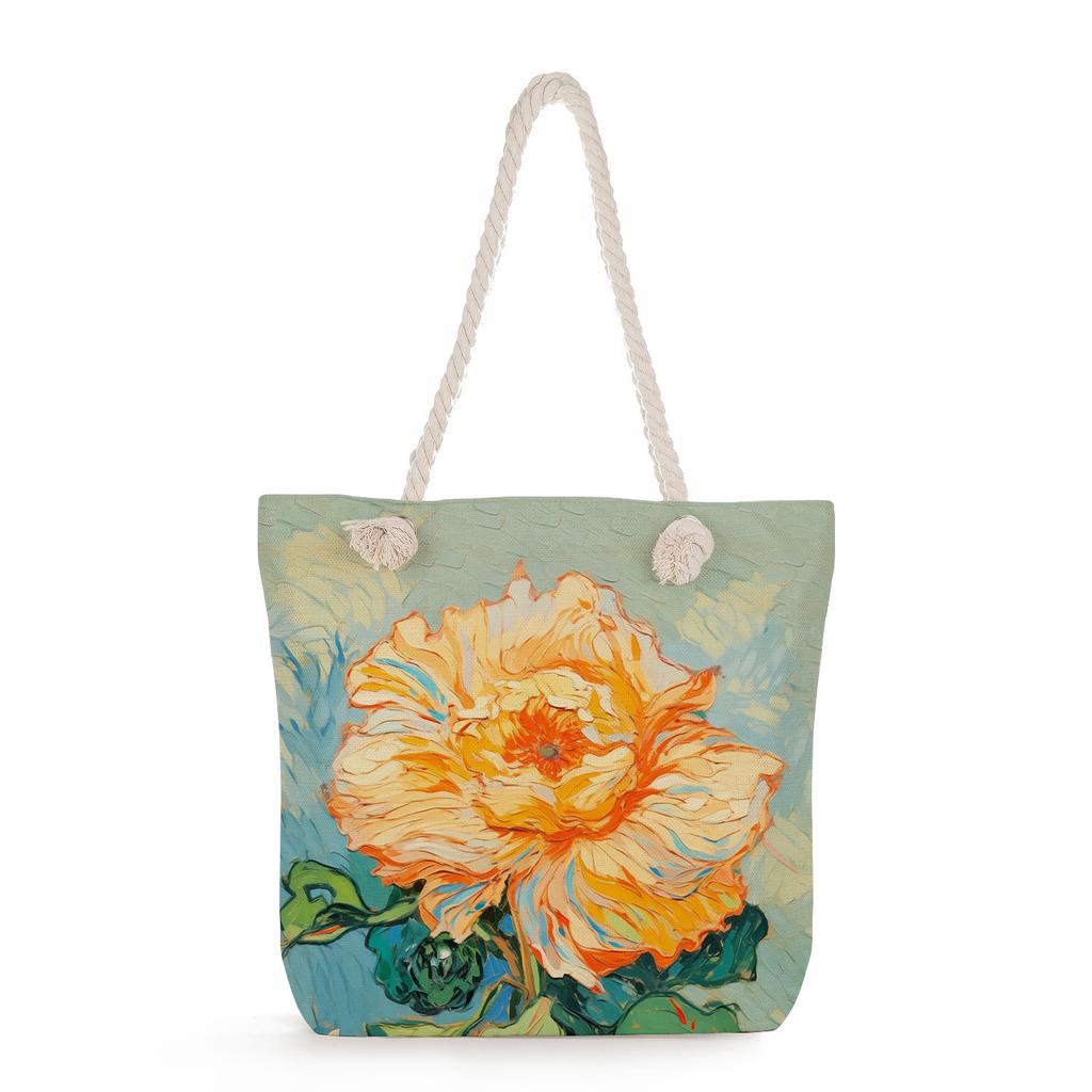 Multifunctional Oil painting flowers Printed Thick Rope Shoulder Beach Bag Casual large capacity handbag 0245