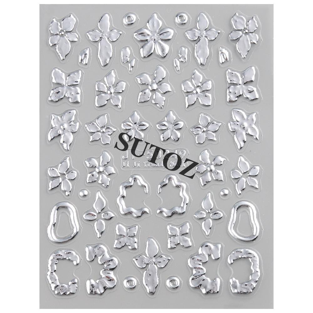 5D Embossed Gold & Silver Floral Nail Stickers with Hollow Circles & Petals