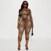 J25St415 New Cross-Border Foreign Trade Leopard Print Off-Shoulder Long-Sleeve Crop Top and Tight-Fitting Cropped Pants Two-Piece Set