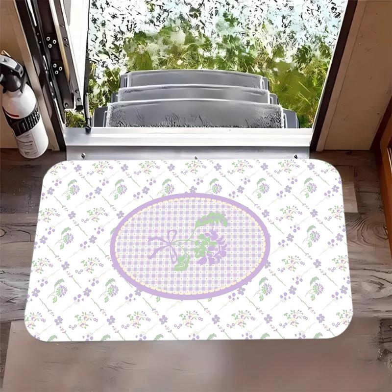 

Soft Lavender Floral Gingham Print Non-Slip Door Mat Washable Absorbent Entrance Rug for Home Kitchen Bathroom Decor 40x60cm