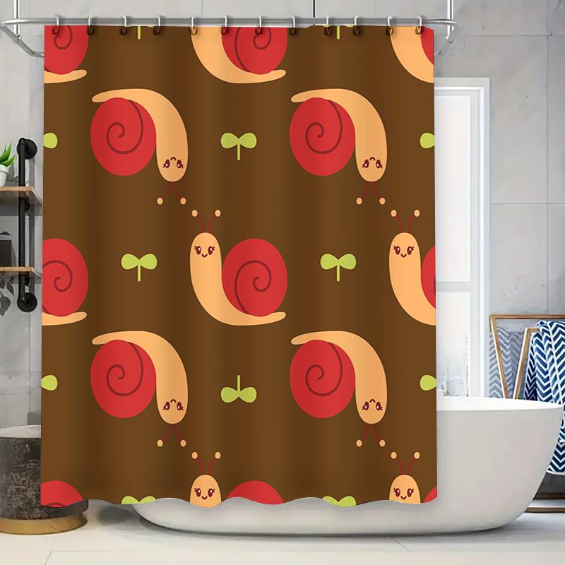 Whimsical Bathroom Decor Shower Curtain Cute Snail Pattern in Red Yellow on Dark Brown Fabric for Bathtub Waterproof Home Decora 90x180cm