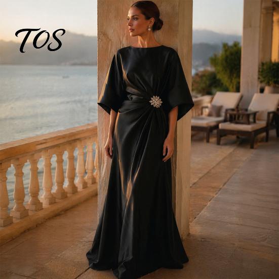 Langer Faltenrock Damen Damen Satin Fledermausärmel Maxikleid, Strassakzent Rundhalsausschnitt Leichtes Sommerkleid Abendparty A-Linie
