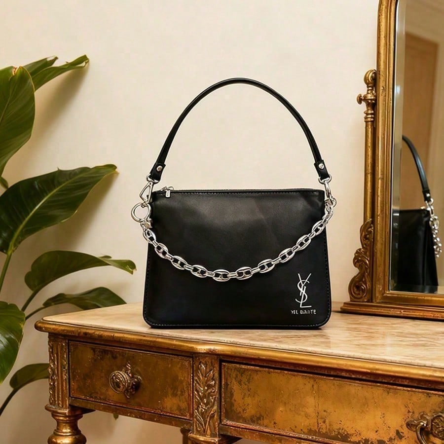 Handmade DIY Black Square Bag, with a Retro and High-end Style, Adorned with Golden Chains and Classic Logo.
