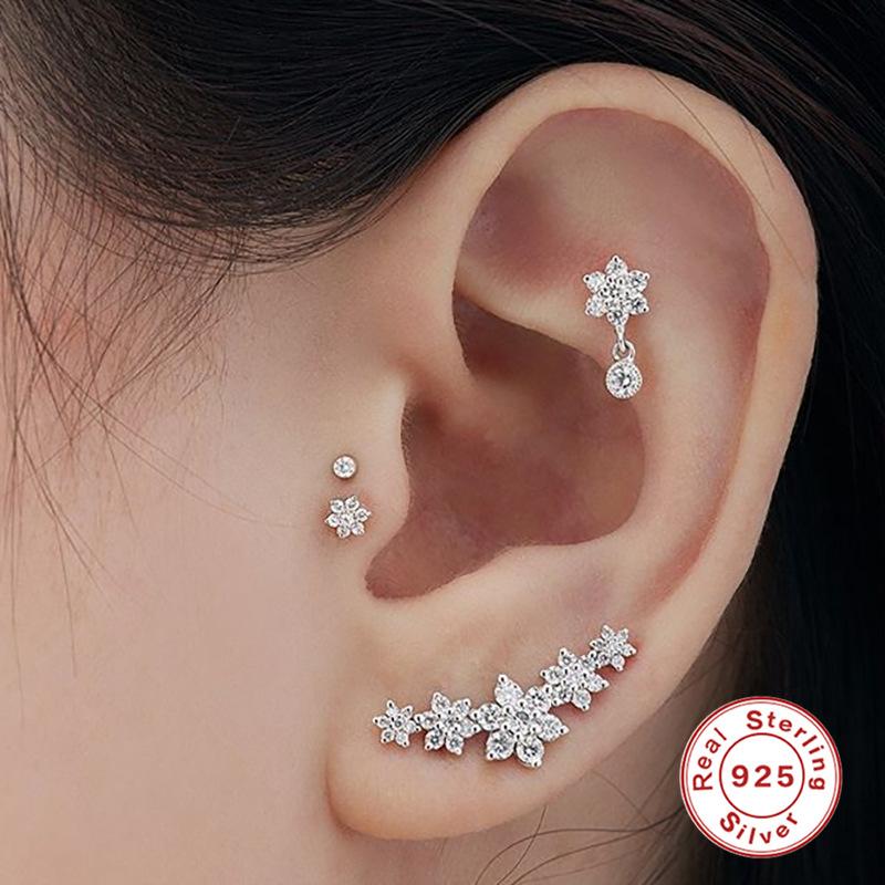 S925 Sterling Silver Five-Petaled Flower Flat Head Internal Thread Puncture Cartilage Stud Earrings, Earrings, Ab Colored Diamond Earrings