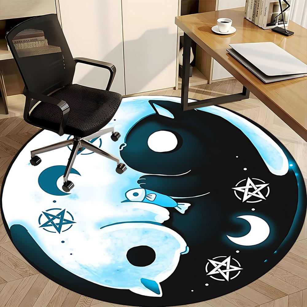 1PC Yin Yang, Moon Cat Office Round Rug, Non Slip, Soft and Durable Office Rug for Interior Decoration, Perfect for Office