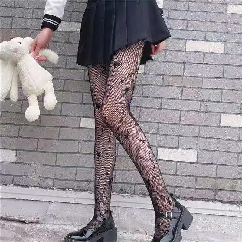 Lolita Girls Cute Pentacle Print Tights Women Sexy Gothic Punk Magical Five-Pointed Star Mesh Fish Net Pantyhose Body Stockings
