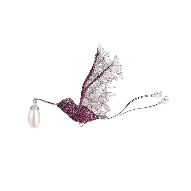 Hummingbird Brooch with Zircon & Freshwater Pearls - Unisex Pin Accessory