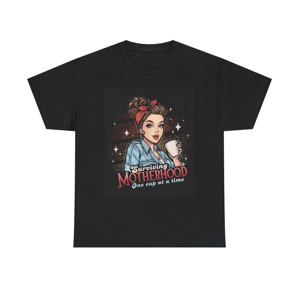 Surviving Motherhood Shirt Funny Coffee Graphic Retro Women Unisex Heavy Cotton