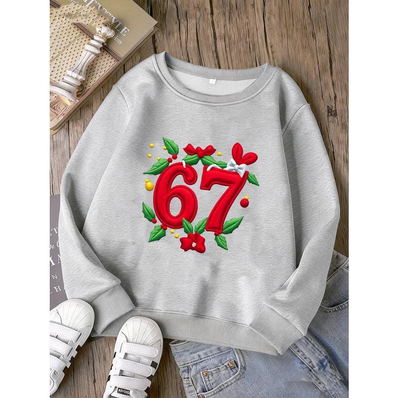 Christmas Birthday Gift For Kids Aged 4-12 3D Red Number 67 Holly Leaf Bow Floral Graphic Sweatshirt Unisex Boys Girls Winter Xmas Crewneck Pullover