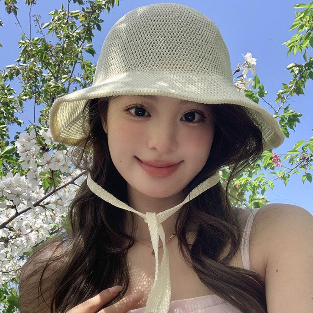 Japanese Style Wide Brim Straw Sun Hat Foldable Cute Strap Bucket Cap Breathable Sunscreen Cap For Women Female