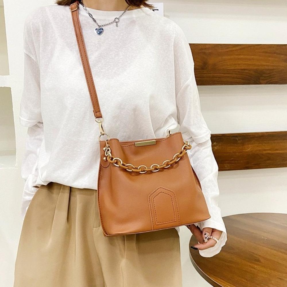 Single Shoulder PU Leather Handbag Soild Color Chain Crossbody Bag Retro Women Bucket Bag  Shopping