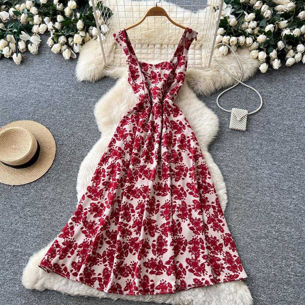 French holiday style red flower print sleeveless dress women's summer high waist A word thin dress