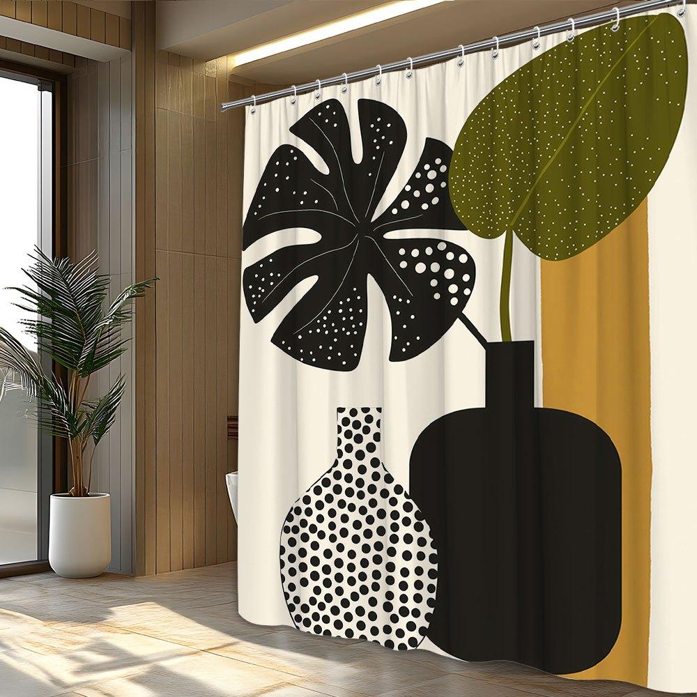 

1pc Minimalist Geometric Art Shower Curtain - Monstera Leaf, Black Vases & Dots on Beige, Modern Design, Polyester W90XH180cm