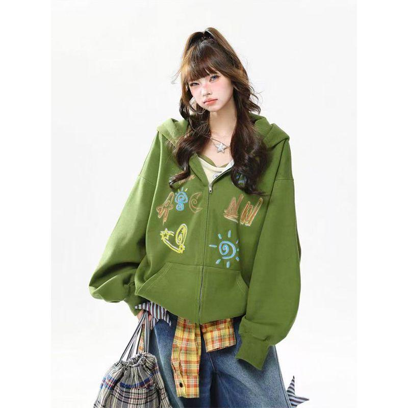 

Женское зеленое винтажное худи с граффити, на флисовой подкладке, толстовка для зимы, свободного кроя, пальто XXL