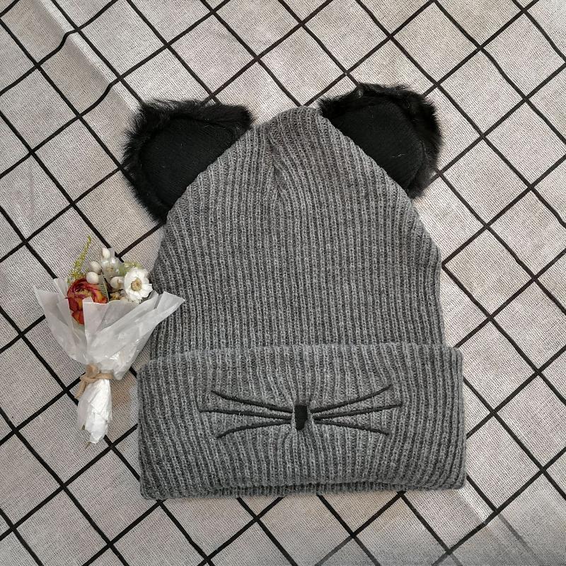 

Зимняя вязаная шапка с кошачьими ушками для женщин, милая вышитая шерстяная большая окружность головы, теплая шапка-бини серый