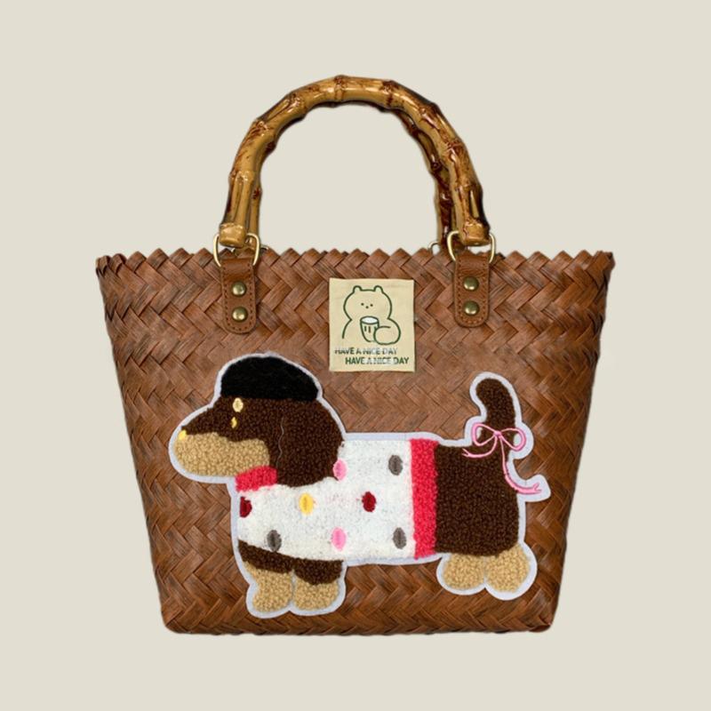 Retro Striped Dachshund Dog Woven Bag Trendy Cute Handbag Large Capacity Tote Bag  Bamboo Handle Vegetable Basket Bag