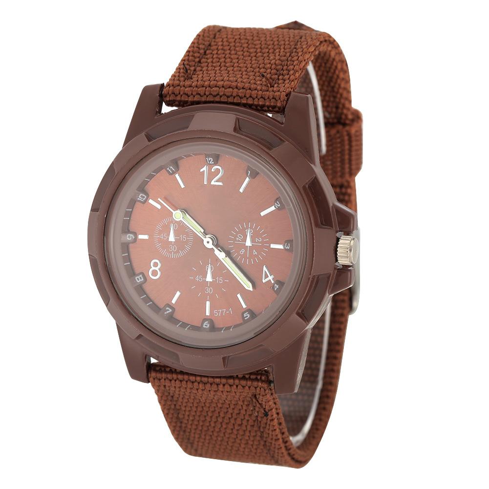 Electronic Analog Wrist Watch Round Nylon Strap Military Wristwatch (Coffee)