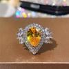 New Bright Yellow Pear Shape Cubic Zirconia Rings for Women Luxury Wedding Party Accessories Novel Design  Trendy Zircon