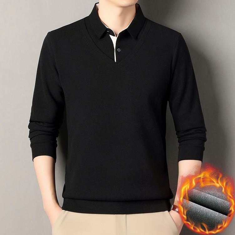 Tricou casual cu mânecă lungă pentru bărbați, aspect two-piece, amestec de lână, cu guler de flanelă