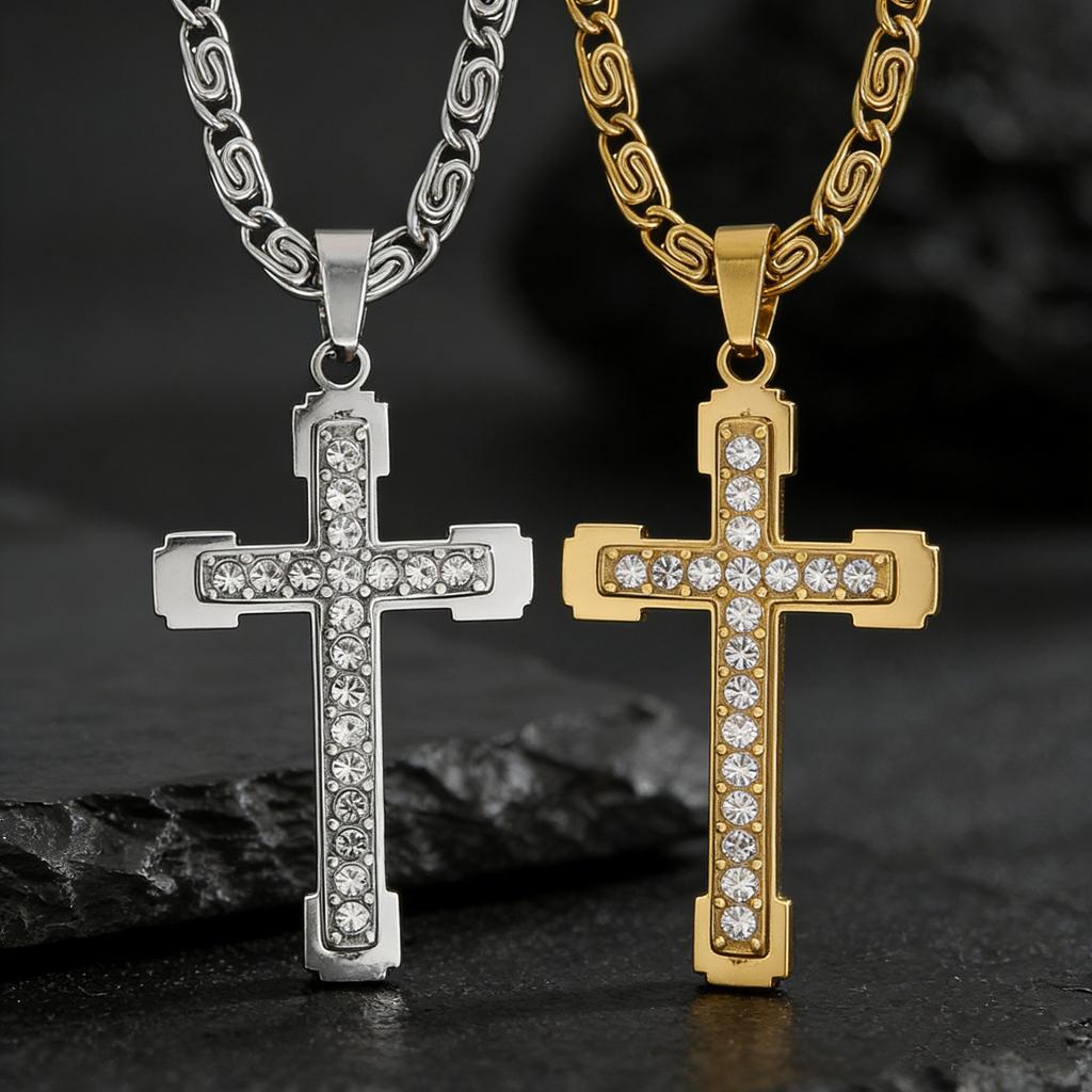 European and American Men and Women Light Luxury Design Pendant Cross Double-layer Necklace Clavicle Chain