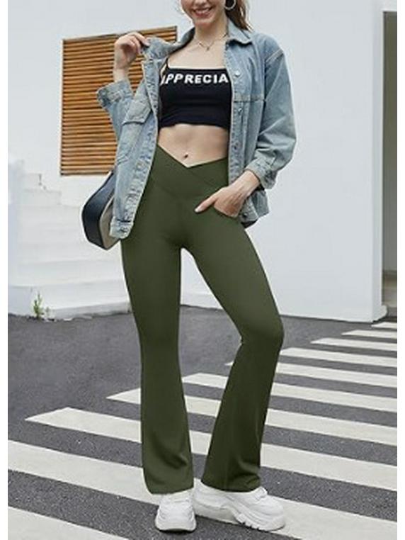 

2023 Women s Ribbed Crossover Yoga Pants with Pockets, High-Waisted Flare Double Extra Large армія зелений колір