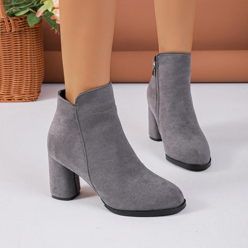 2025 Women Retro Ankle Boots Autumn Winter High Heels Short Boots Flock Party Shoes Women Large Size Zapatos De Mujer