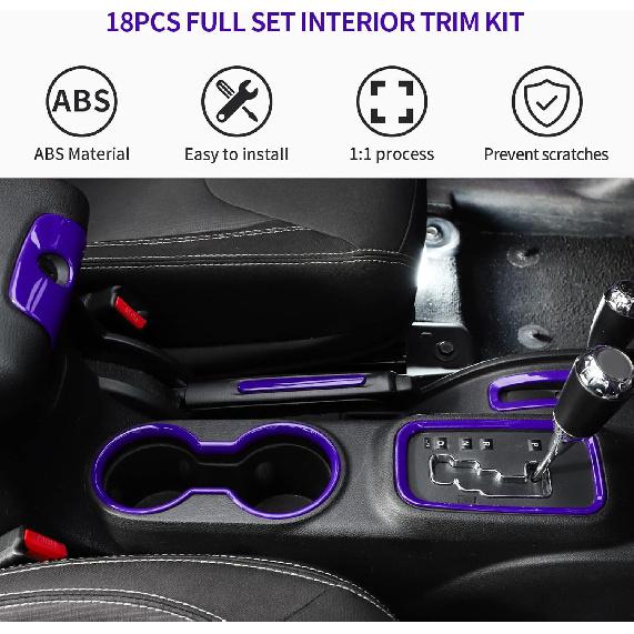 18PCS Full Set Interior Trim Kit For Jeep Wrangler JK JKU 2011-2018 4 Door,Center Console Door Handle Side Outlet Cup Holder Gear Cover Trim (Purple)