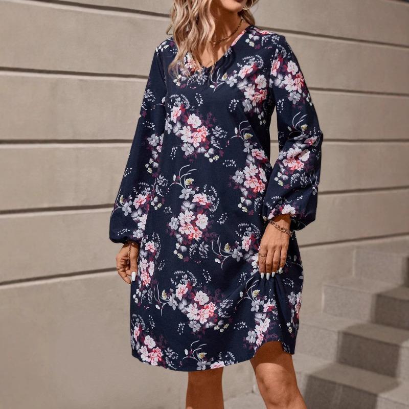 Women's Vintage Print Fashion Temperament Elegant Floral Print Lantern Sleeve Dress