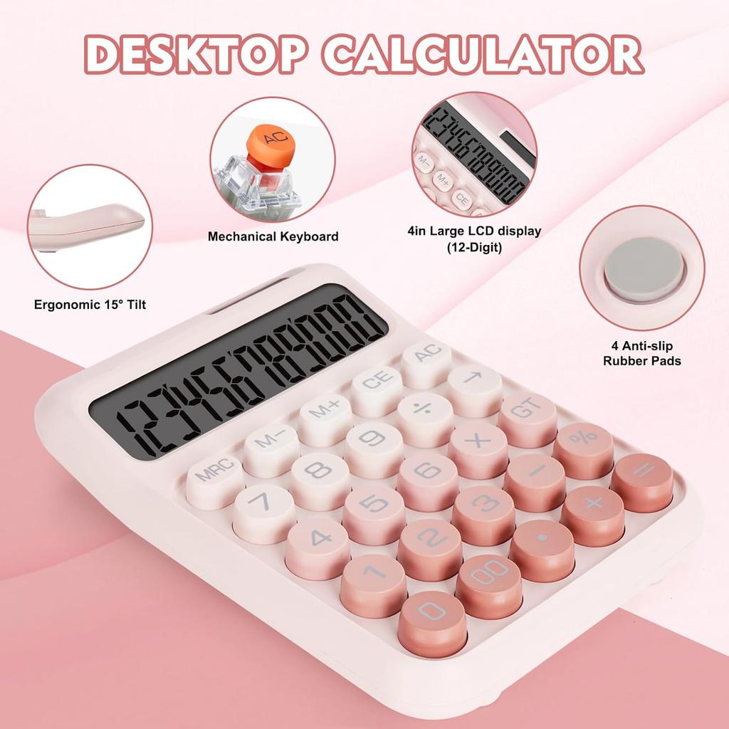 Large Button Mechanical Calculator Office Calculator 12 Digits Solar Cell Power Supply Large LCD Display Screen Cute Pink Calculator Suitable F