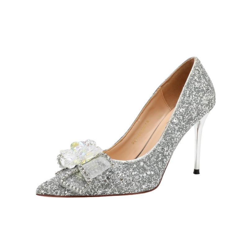 Autumn and Winter New Crystal Silver Wedding Shoes Pointed Sequins Stiletto Bow High Heels Women