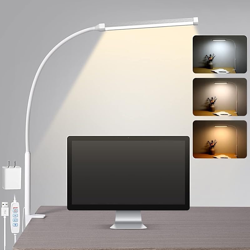 LED Desk Lamp with Clamp, Eye-Caring Clip On Lights for Home Office, 3 Modes 10 Brightness, Long Flexible Gooseneck, Metal, Swing Arm Architect Task