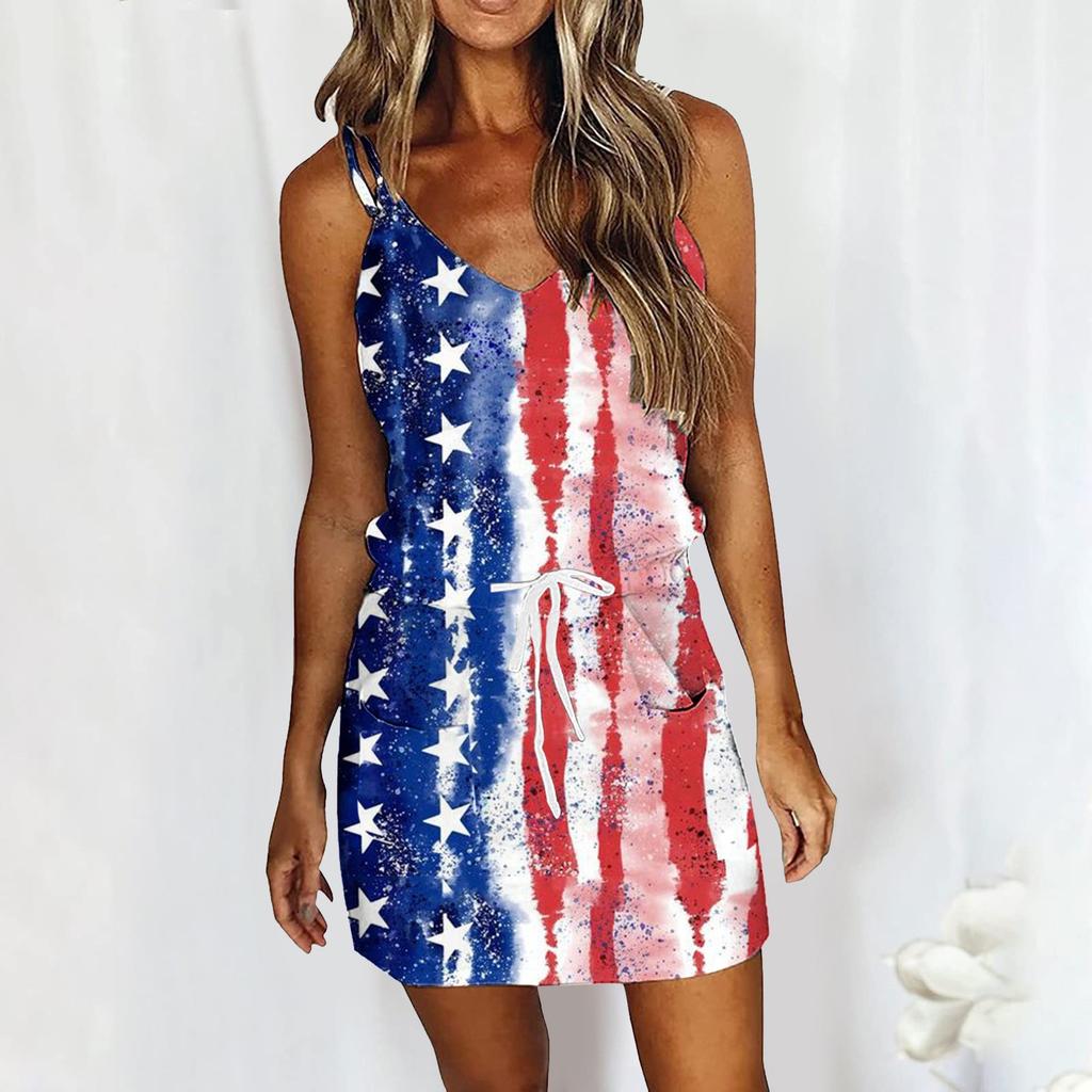 Women's Summer Sexy V-neck  Sleeveless Independence Day Printed Strapless Dress Beach Sun  Dress
