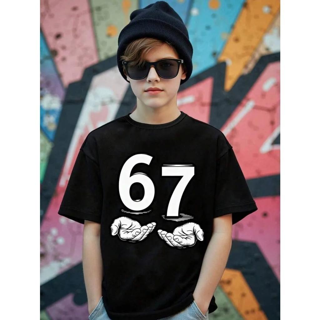 67 Number Children Funny Six Seven Graphic Print T-Shirt Round Neck Cute Casual Style Short Sleeve Comfortable T-Shirt Clothing
