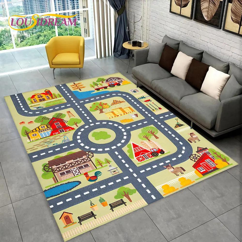 Highway City Traffic Cartoon Area Rug,Carpet Rug for Living Room Playroom Children's Bedroom Decor,Kid Game Non-slip Floor Mat
